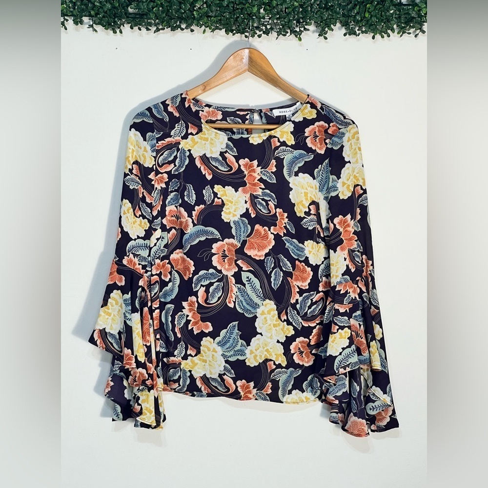 Rose & Olive Bohemian Navy Floral Bell Sleeve Blouse Small